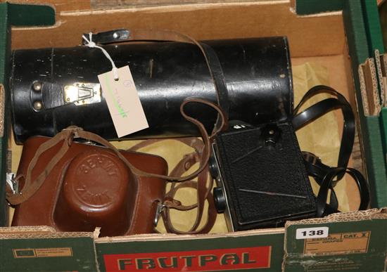 Zenit-B SLR camera, CCCP zoom lens, cased, and a Coronet box camera